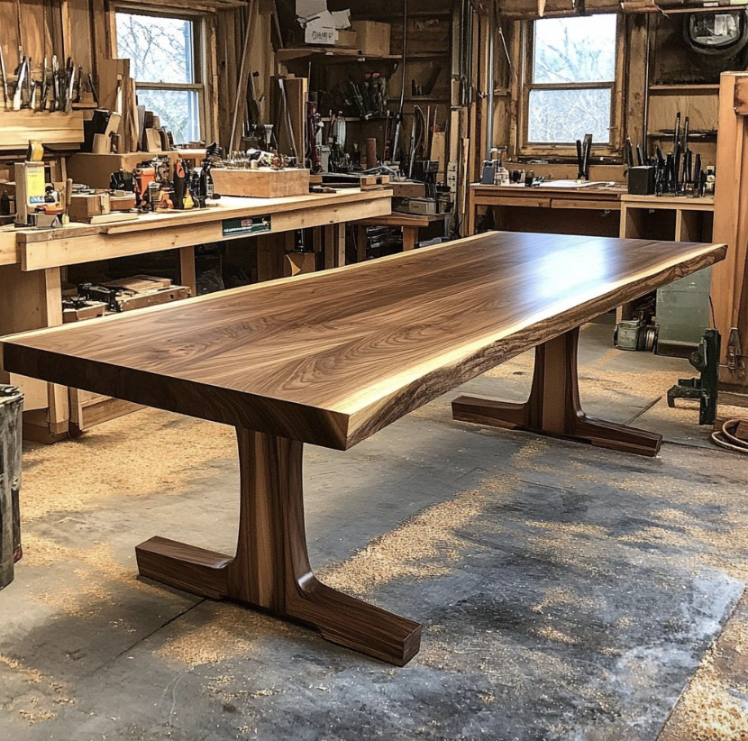 Live edge walnut dining table in workshop